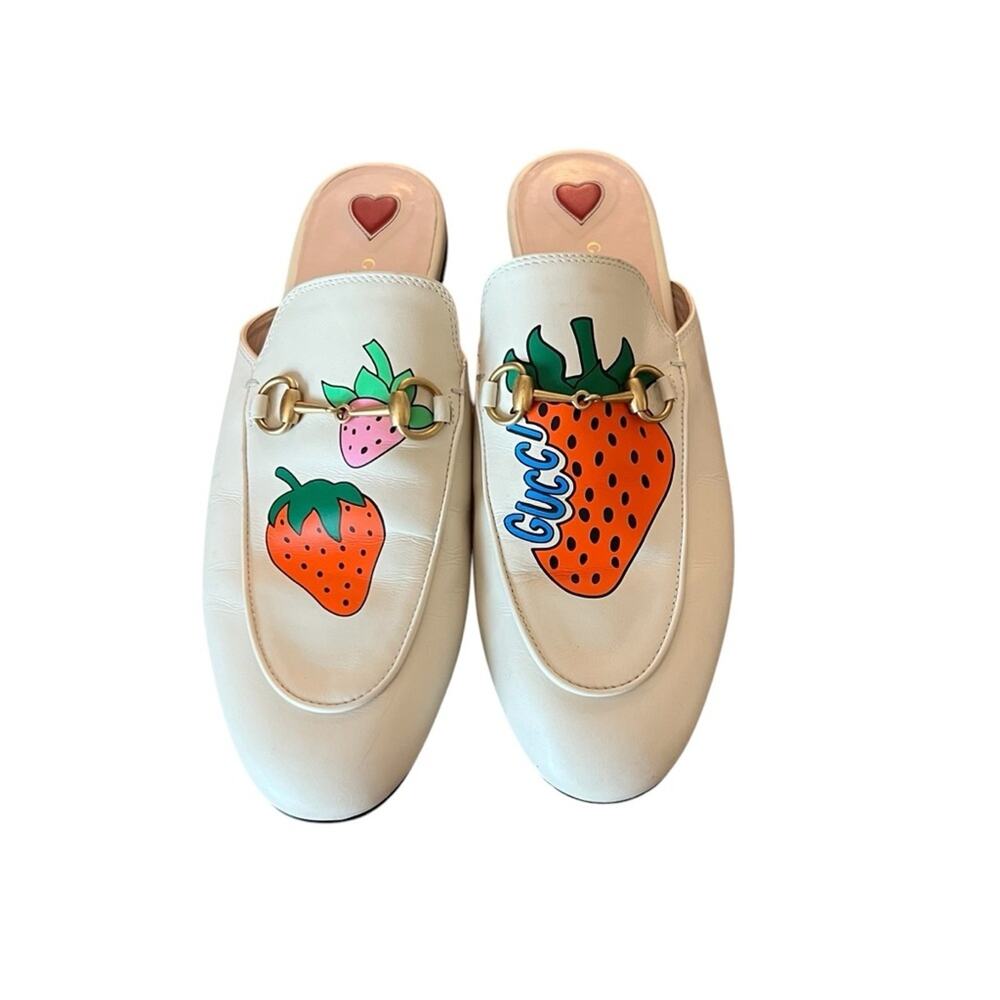 Gucci Princetown Leather Strawberry Slip on Horsebit Loafer Mules EU 38.5 US 8.5